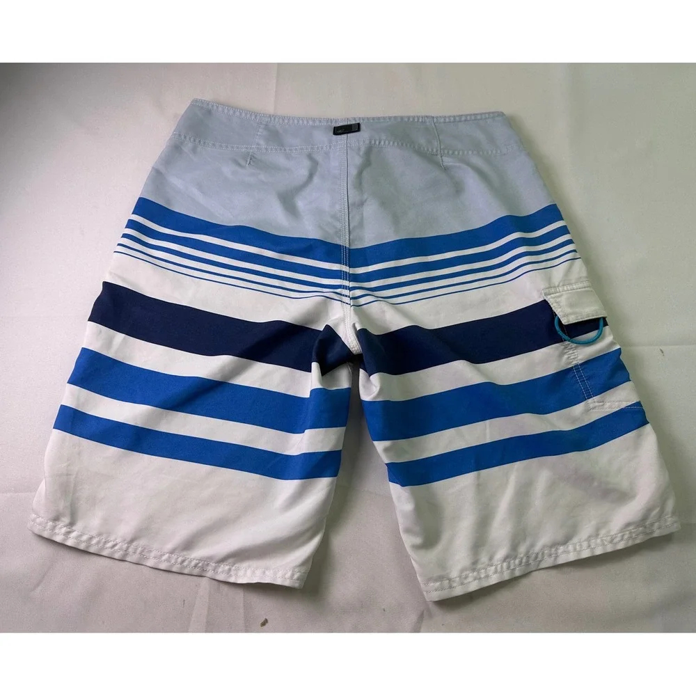 O'Neill Mens Sz 32 Board Shorts Blue White Striped Surf Swim Trunks Cargo Pocket
